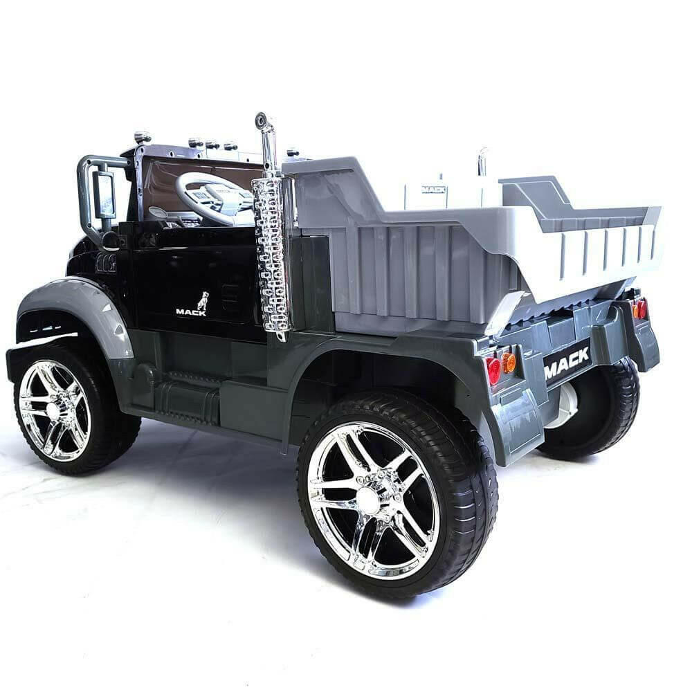 12V Licensed Mack Ride-On Truck Two-Seater with Parental Remote, LED Lights, MP3, Leather Seats - Kids Eye Candy