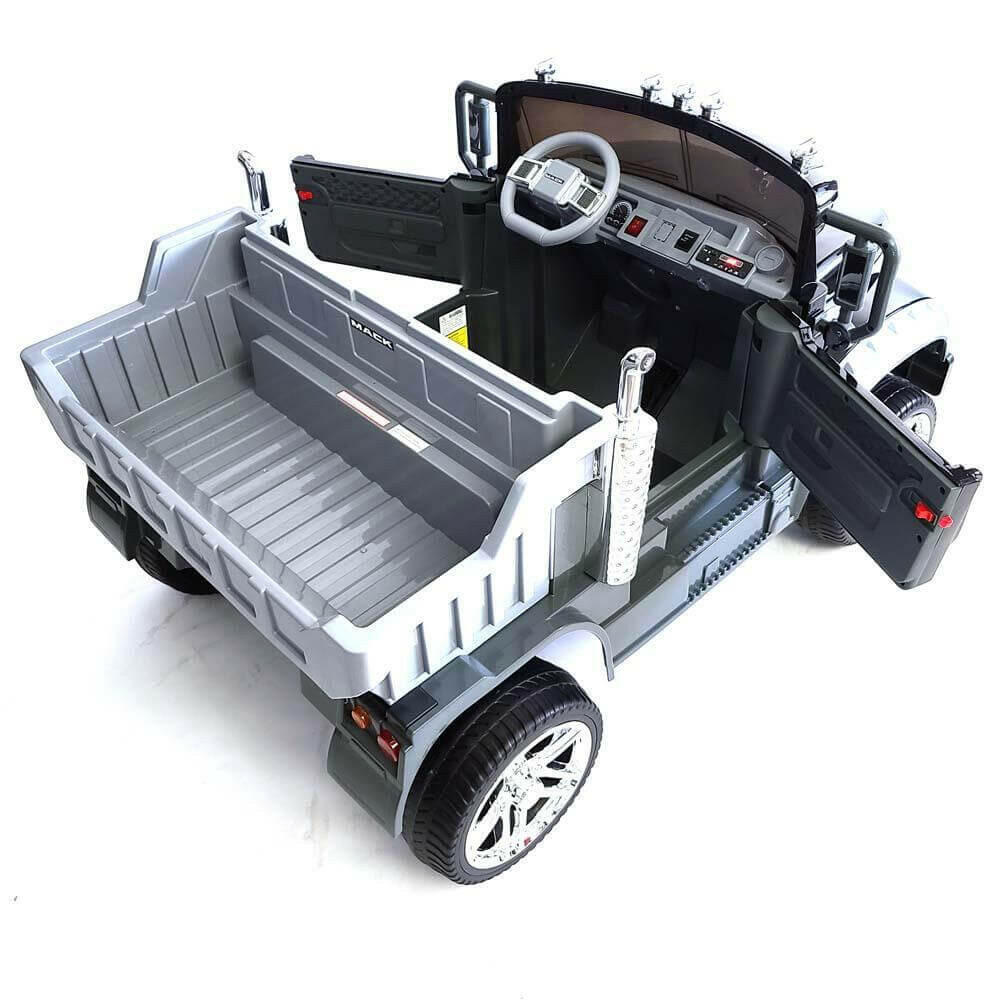 12V Licensed Mack Ride-On Truck Two-Seater with Parental Remote, LED Lights, MP3, Leather Seats - Kids Eye Candy