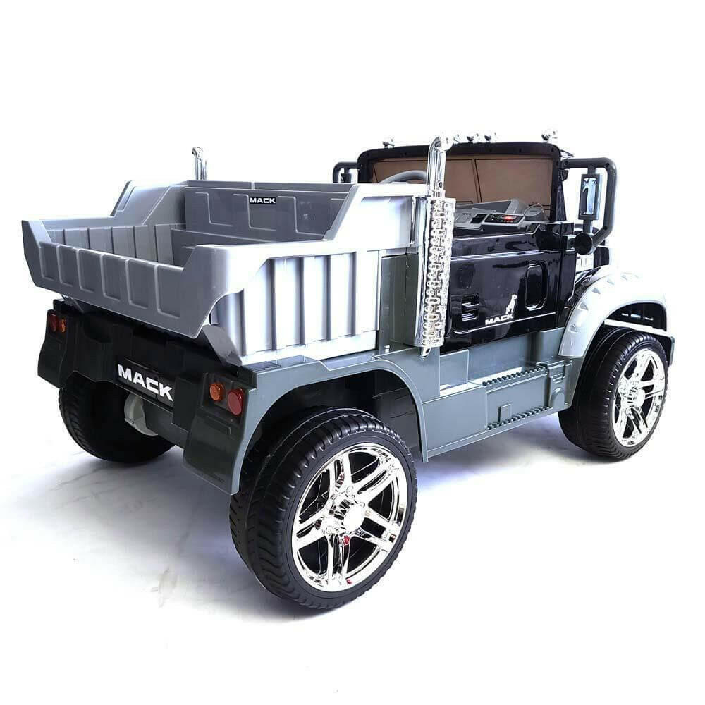 12V Licensed Mack Ride-On Truck Two-Seater with Parental Remote, LED Lights, MP3, Leather Seats - Kids Eye Candy