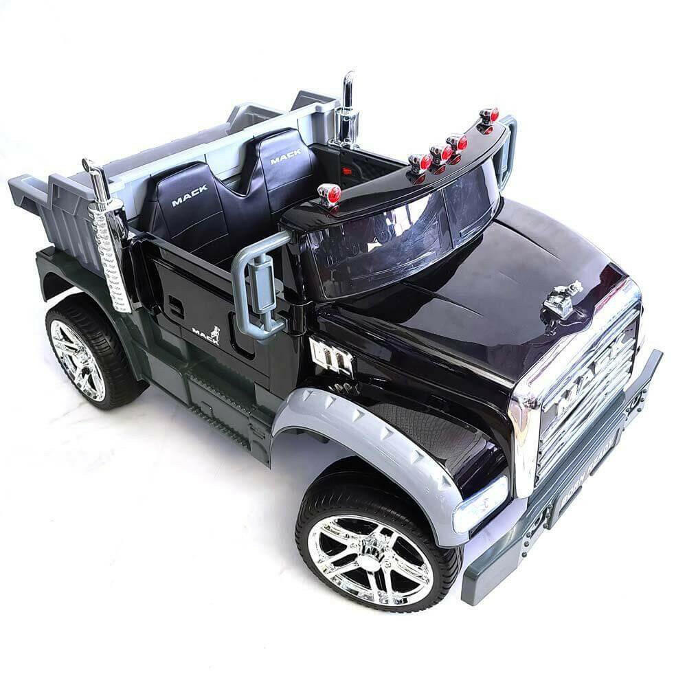 12V Licensed Mack Ride-On Truck Two-Seater with Parental Remote, LED Lights, MP3, Leather Seats - Kids Eye Candy