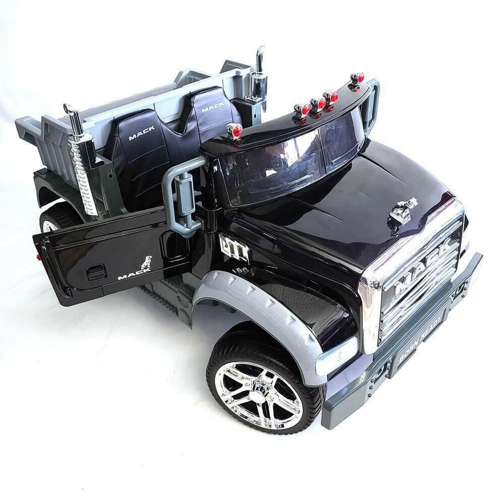 12V Licensed Mack Ride-On Truck Two-Seater with Parental Remote, LED Lights, MP3, Leather Seats - Kids Eye Candy