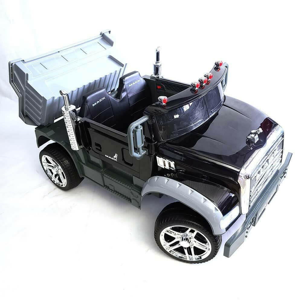 12V Licensed Mack Ride-On Truck Two-Seater with Parental Remote, LED Lights, MP3, Leather Seats - Kids Eye Candy