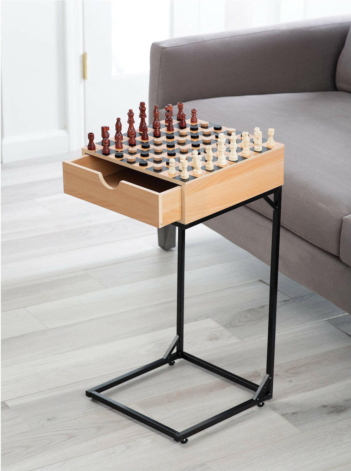 Wooden Chess & Checkers Game Set with Metal Stand.