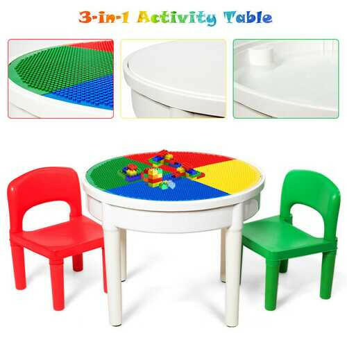3-in-1 Kids Activity Table and 2 Chairs Set Includes 300 Bricks - Kids Eye Candy 