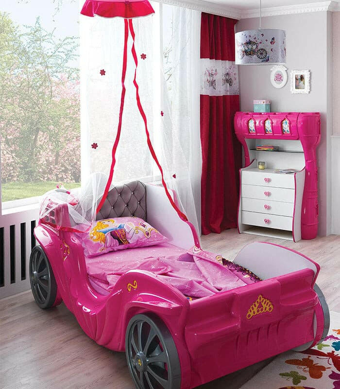 Princess Carriage Kids Car Bed LED Headlights Sound System w/ Twin Mattress - Kids Eye Candy