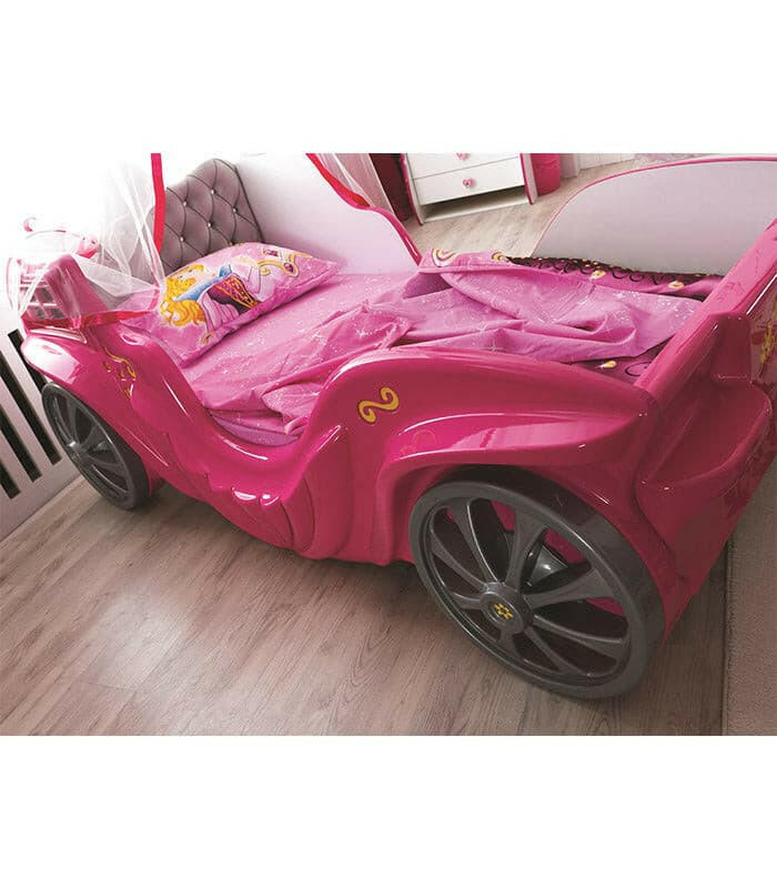 Princess Carriage Kids Car Bed LED Headlights Sound System w/ Twin Mattress - Kids Eye Candy