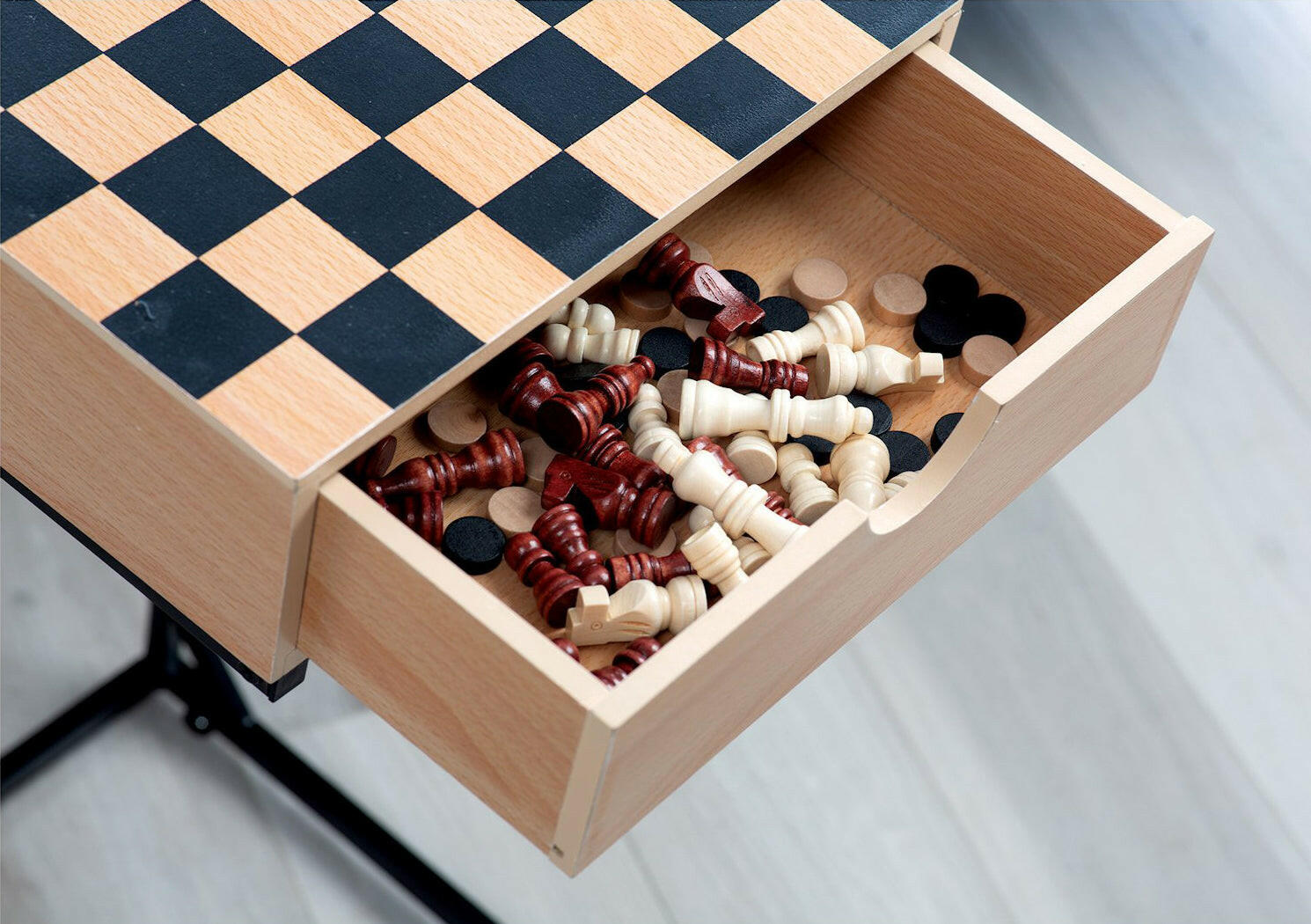 Wooden Chess & Checkers Game Set with Metal Stand.