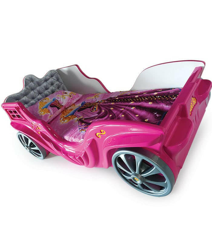 Princess Carriage Kids Car Bed LED Headlights Sound System w/ Twin Mattress - Kids Eye Candy