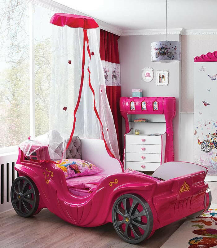 Princess Carriage Kids Car Bed LED Headlights Sound System w/ Twin Mattress - Kids Eye Candy