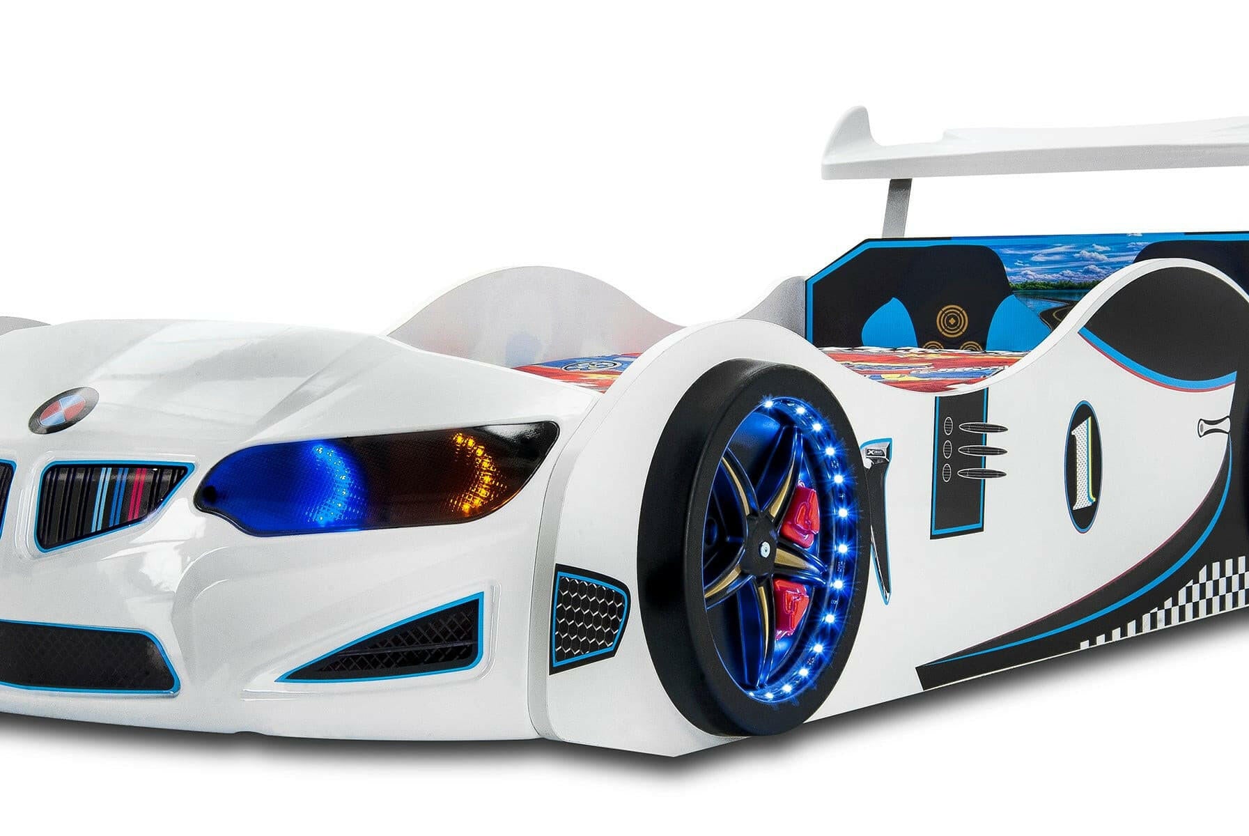GT1 Kids Race Car Bed w/ LED Headlights Remote Control Toddler Twin Size Frame - Kids Eye Candy