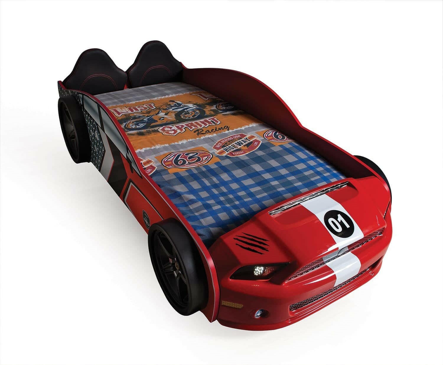 Mustang Race Car Kids Bed LED Headlights Remote Control Toddler Twin Size - Kids Eye Candy 