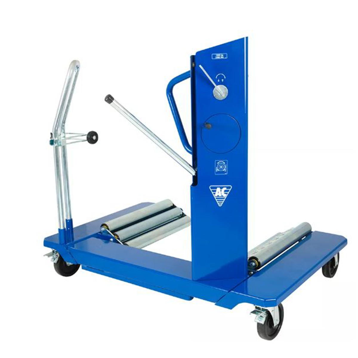 AME-low-profile-mega-tire-wheel-dolly-with-caster-wheels-and-brake.png AME / ACME Wheel Trolley WT1500NT – 1.5-Ton Mechanical Tire Dolly for Large Equipment - Image 1