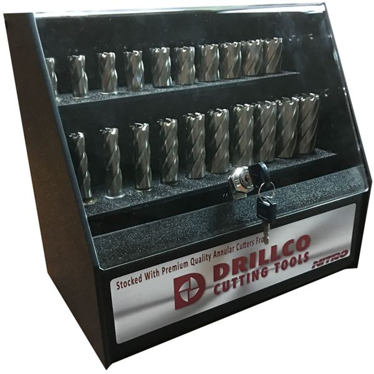 Drillco-cutting-tools-52-Pc-annular-cutter-display-1-_-2-OAL-9200CT-912CT52D.jpg Ann Cutter Display 1 & 2 OAL-9200CT | 52 Pc | Drillco 912CT52D - Image 1