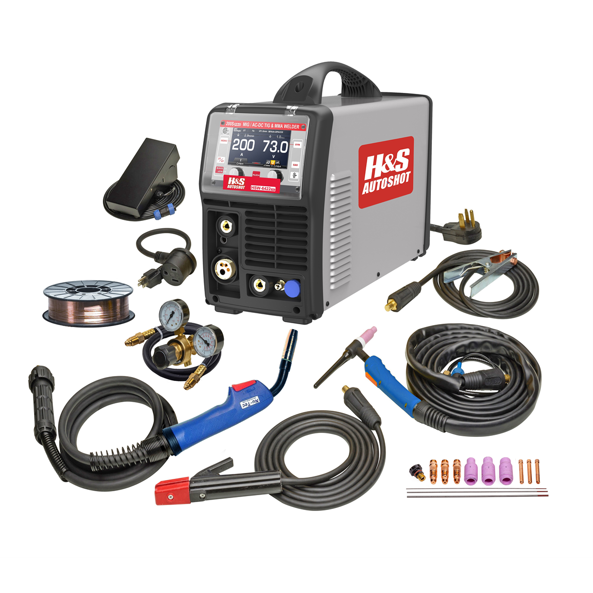 H_S-autoShot-HSW-6422-smart-multi-MIG-welder-200-amp-with-16S-MIG-programs-AC-DC-TIG-and-stick-110-240VAC-HSW6422.png H&S AutoShot HSW-6422 Smart Multi-MIG Welder 200 Amp with 16 S-MIG Programs, AC/DC TIG and Stick (110-240VAC) HSW6422 - Image 1