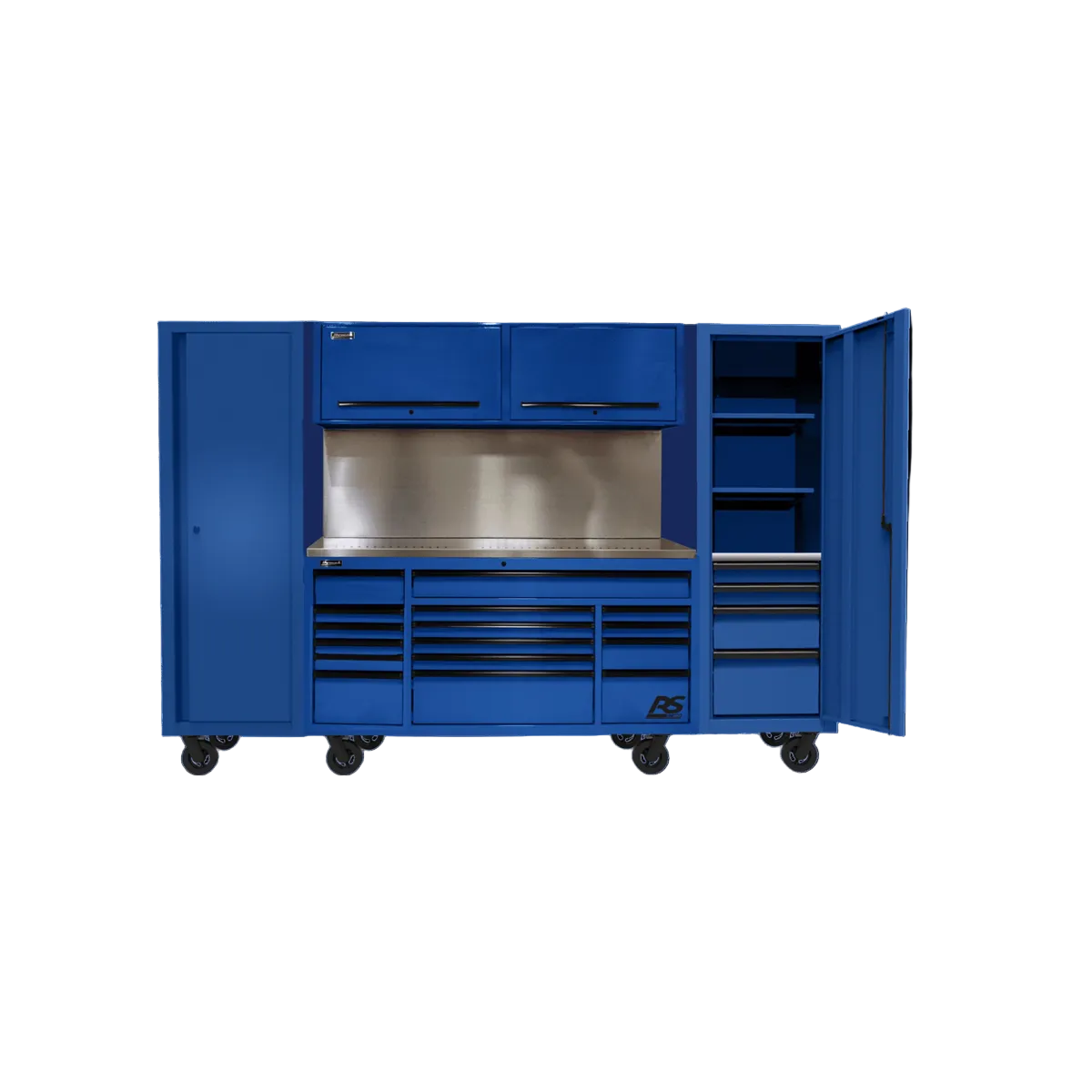 Hhomak-manufacturing-120in-RS-PRO-CTS-roller-cabinet-_-side-lockers-combo-with-solid-backsplash-blue-HOMBLCTS12001.png Homak Manufacturing 120" RS PRO CTS Roller Cabinet & Side Lockers Combo with Solid Backsplash - Blue HOMBLCTS12001 - Image 1