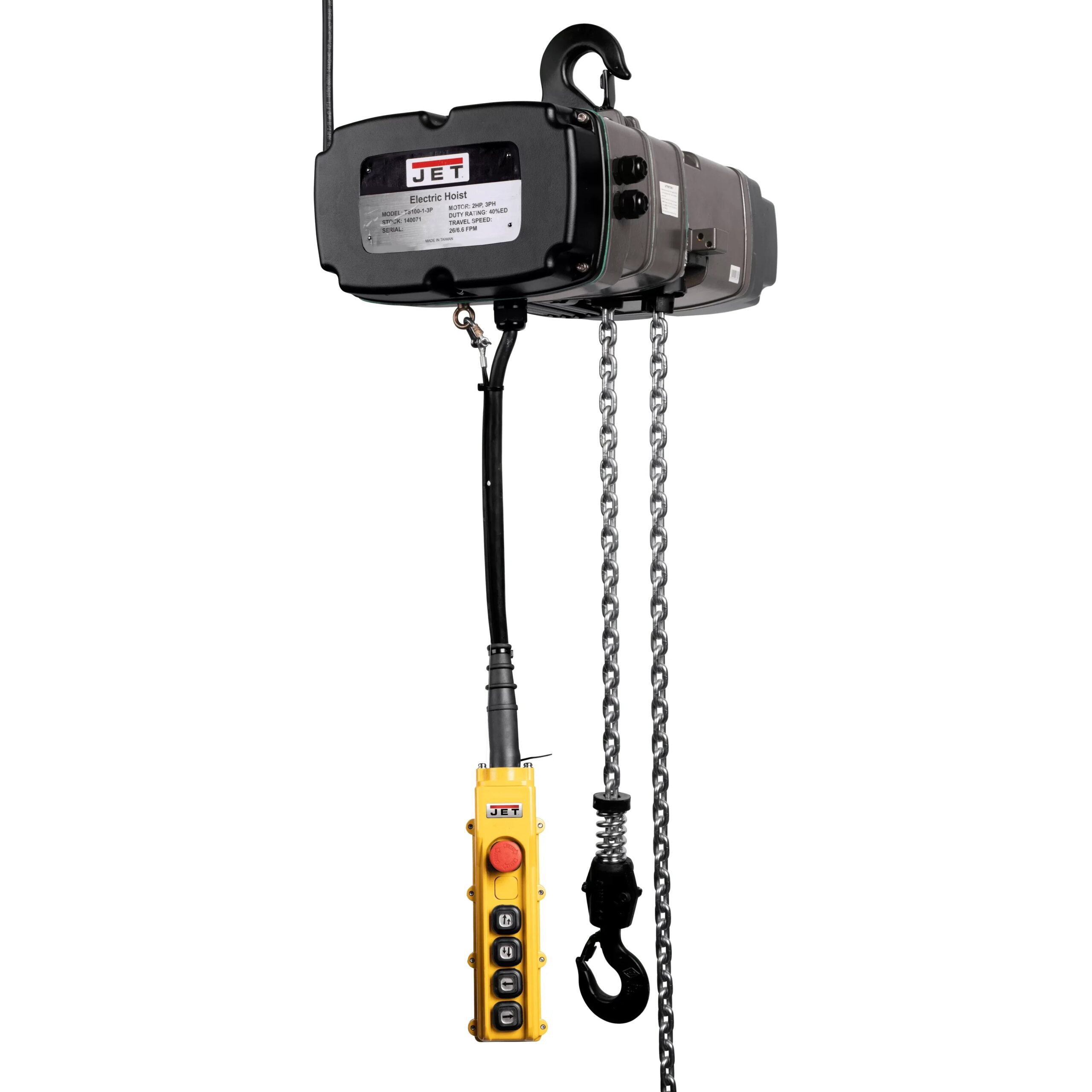 JET-1-2-ton-two-speed-electric-chain-hoist-3-phase-20_lift_-with-trolley-_-4-button-wired-pendant-JT9-140235K.jpg Electric Chain Hoist | Two Speed | 1/2-Ton | 20' Lift | JET JT9-140235K - Image 1