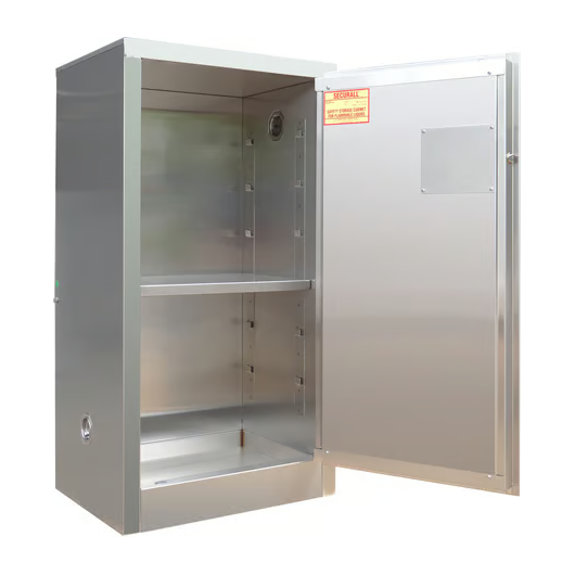 Securall-16-gallon-stainless-steel-flammable-cabinet-self-latch-standard-door-A110-SS.png Flammable Liquid Storage Cabinet | 16 Gallon | Stainless Steel | Self-Latch | Securall - Image 1