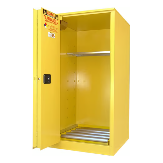 Securall-60-gallon-drum-storage-cabinet-self-close-sliding-door-V260.png Flammable Liquid Storage Cabinet | 60 Gallon |Sliding Door | Self-Close | Self-Latch | Securall - Image 1