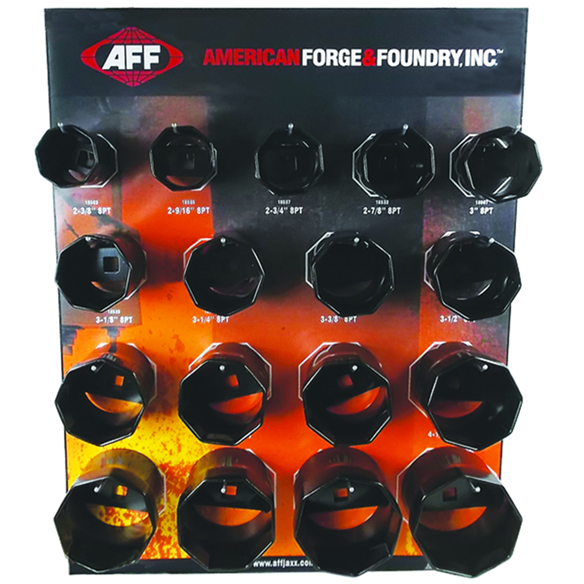 american-forge-_-foundry-8Pt-socket-set-display-18580P.png American Forge & Foundry Axle Nut Socket Display – 8-Point Kit | AFF 18580 - Image 1