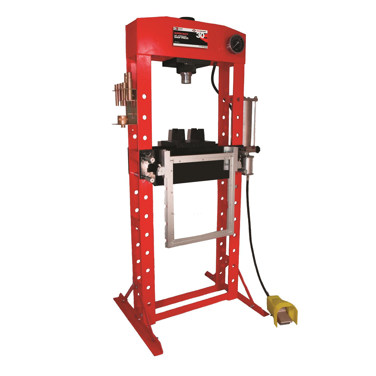american-forge-_-foundry-Aff-30ton-super-duty-shop-press-852ASD.png American Forge & Foundry AFF AFF 30 Ton Shop Press – Foot Air/Manual Pump, Hydraulic Ram, Guard & 10-Pc Adapter Set, Super Duty 852ASD - Image 1