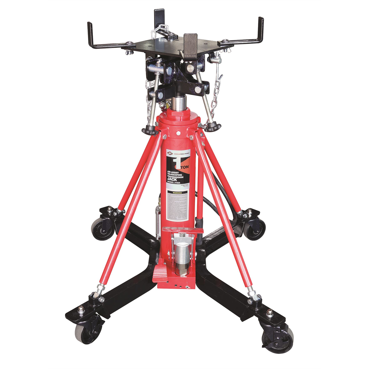 american-forge-_-foundry-transmission-jack-hydraulic-telescopic-two-stage-2000Lbs-capacity-37inches-Min-H-to-76inchs-high-H-manual-foot-pedal-air-assist-double-pump-quick-lift-3102A.png American Forge & Foundry AFF - 2,000 lb Air-Assist Transmission Jack | AFF 3102A - Image 1