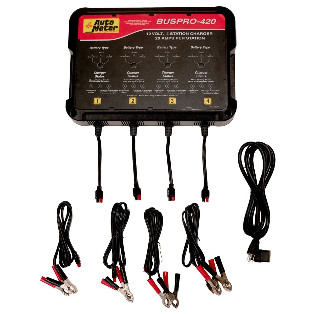 auto-meter-products-muti-bank-smart-battery-charger-flooded-AGM-LifePO4-batteries-4-station-120v-20-amp-BUSPRO-420.jpg AutoMeter BUSPRO-420 4-Station Smart Battery Charger – 20 A/Station - Image 1