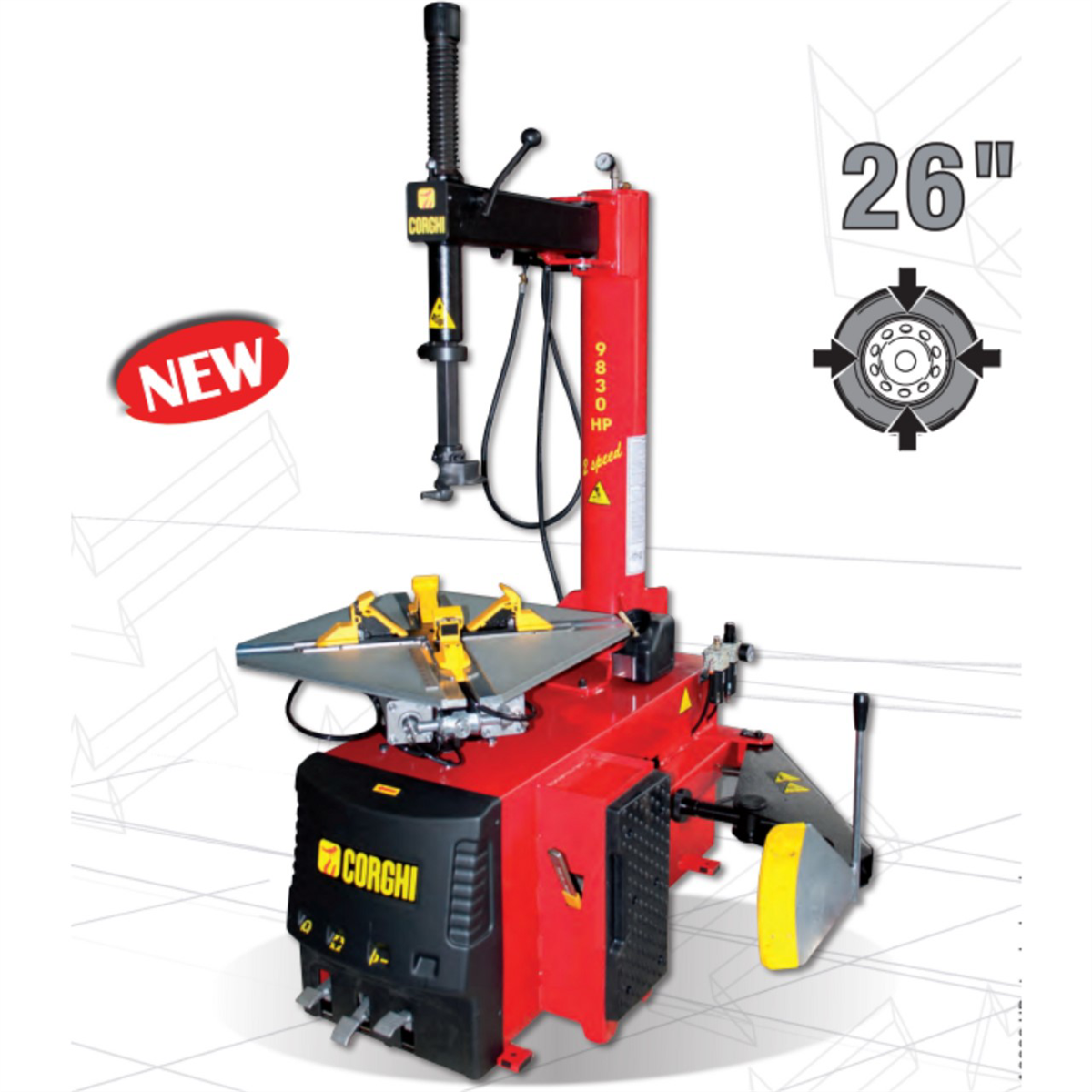 corghi-A9830-swing-arm-rim-clamp-tire-changer-electric-motor-COR0-11119004-00.png Corghi A9830 Swing-Arm Rim Clamp Tire Changer COR0-11119004-00 – Electric Motor Professional Leverless Tire Machine - Image 1