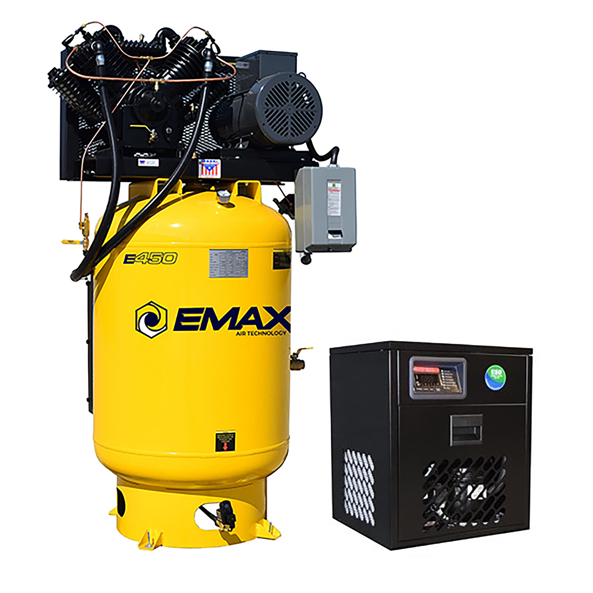 emax-compressor-silent-industrial-plus-10HP-1-phase-120gal-vertical-compressor-with-58CFM-dryer-bundle-with-pressure-lube-pump-EMXESP10V120V1PK.png EMAX 10HP Silent Air Compressor 1 Phase 120 Gallon Vertical w/ 58 CFM Dryer Industrial Bundle EMXESP10V120V1PK - Image 1