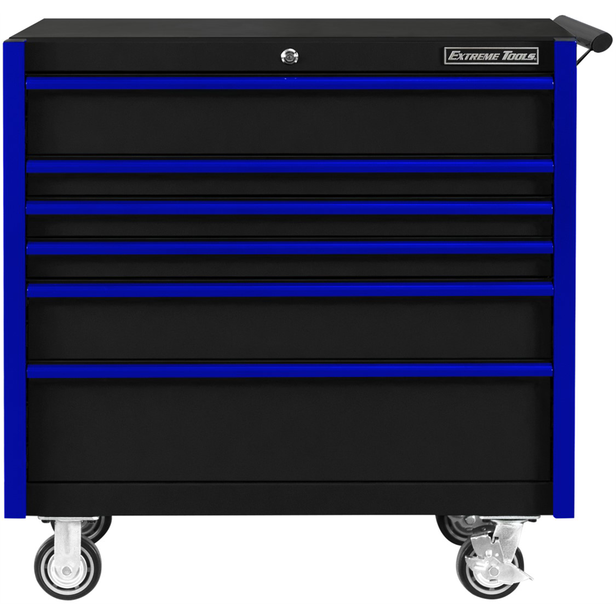extreme-tool-DX-series-41inch-W-X-25inch-D-6-drawer-roller-cabinet-100lbs-slides-black-with-blue-drawer-pulls-EXTDX412506RCBKBL.png Extreme Tools DX Series 41'' W X 25''D 6 Drawer Roller Cabinet, 100 lbs Slides, Black with Blue Drawer Pulls EXTDX412506RCBKBL - Image 1