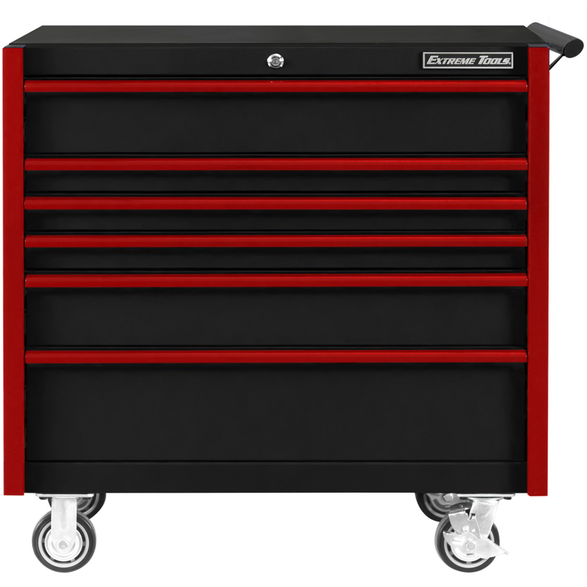 extreme-tool-DX-series-41inch-W-X-25inch-D-6-drawer-roller-cabinet-100lbs-slides-black-with-red-drawer-pulls-EXTDX412506RCBKRD.png Extreme Tools DX Series 41'' W X 25'' D 6 Drawer Roller Cabinet, 100 lbs Slides, Black with Red Drawer Pulls EXTDX412506RCBKRD - Image 1