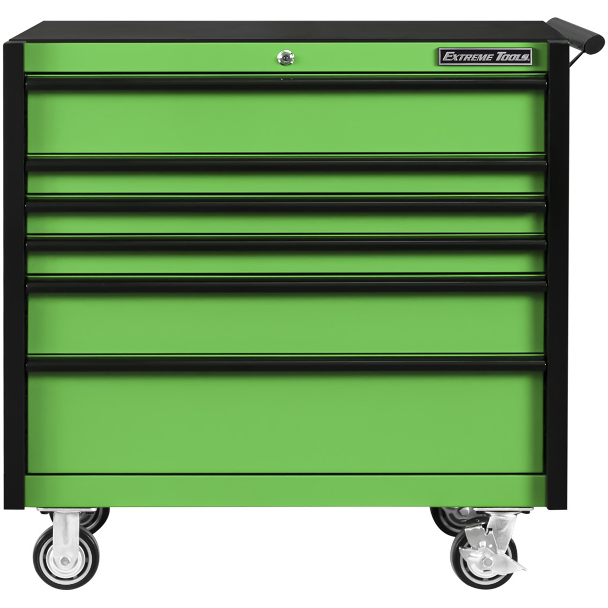 extreme-tool-DX-series-41inch-W-X-25inch-D-6-drawer-roller-cabinet-100lbs-slides-green-with-black-drawer-pulls-EXTDX412506RCGNBK.png Extreme Tools DX Series 41'' W X 25'' D 6 Drawer Roller Cabinet, 100 lbs Slides, Green with Black Drawer Pulls EXTDX412506RCGNBK - Image 1