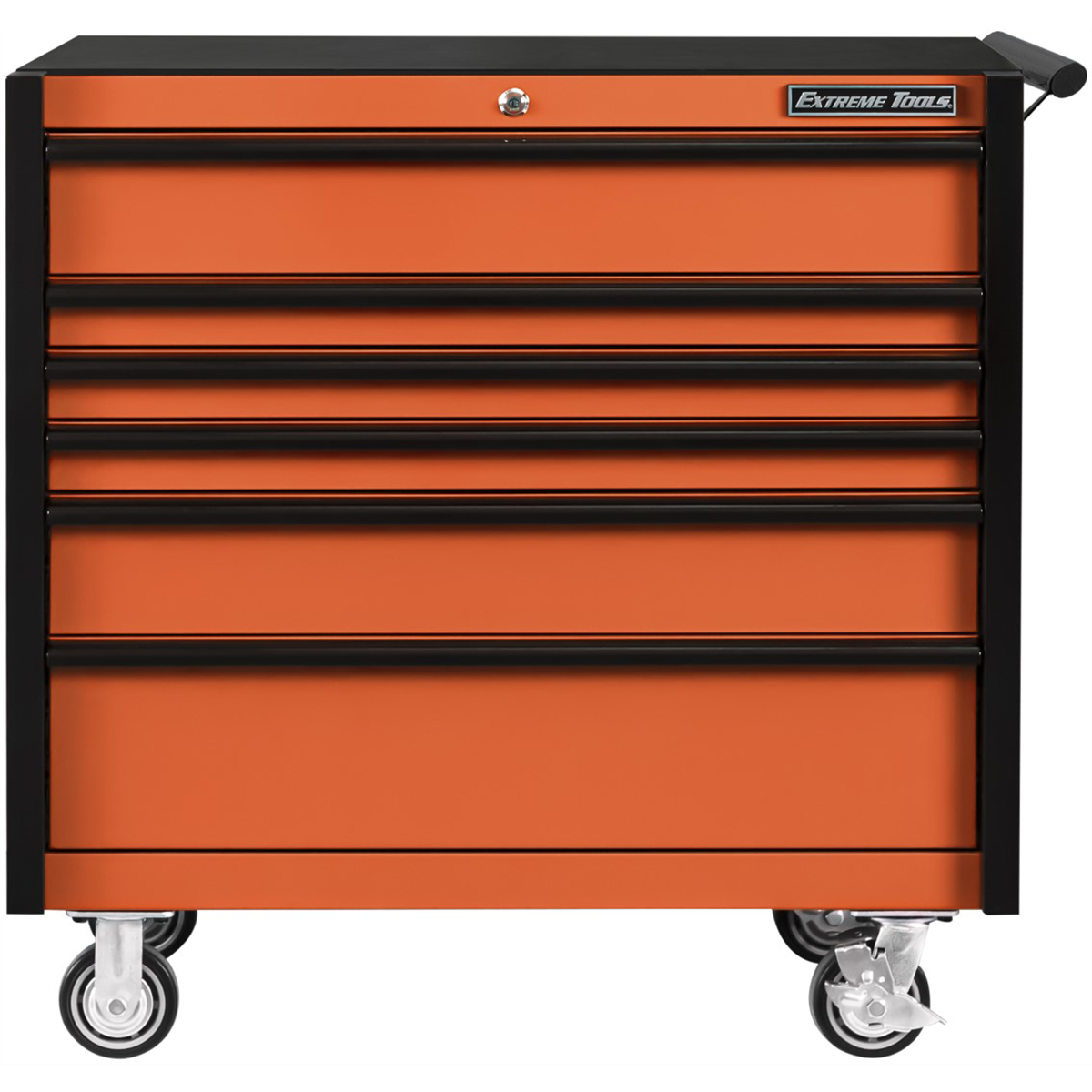 extreme-tool-DX-series-41inch-W-X-25inch-D-6-drawer-roller-cabinet-100lbs-slides-orange-with-black-drawer-pulls-EXTDX412506RCORBK.png Extreme Tools DX Series 41'' W X 25'' D 6 Drawer Roller Cabinet, 100 lbs Slides, Orange with Black Drawer Pulls - Image 1