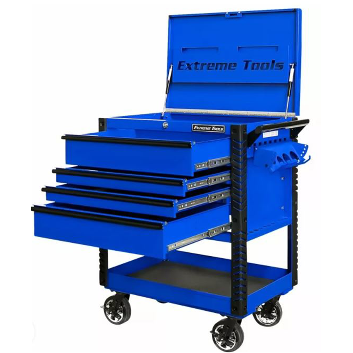 extreme-tool-EX-tool-cart-series-33inch-W-x-23inch-D-4-drawer-deluxe-tool-cart-with-bumpers-black-with-blue-quick-release-drawer-pulls-EXTEX3304TCBKBL.png Extreme Tools EX Tool Cart Series 33” W x 23'' D 4-Drawer Deluxe Tool Cart with Bumpers – Black with Blue Quick Release Pulls - Image 1