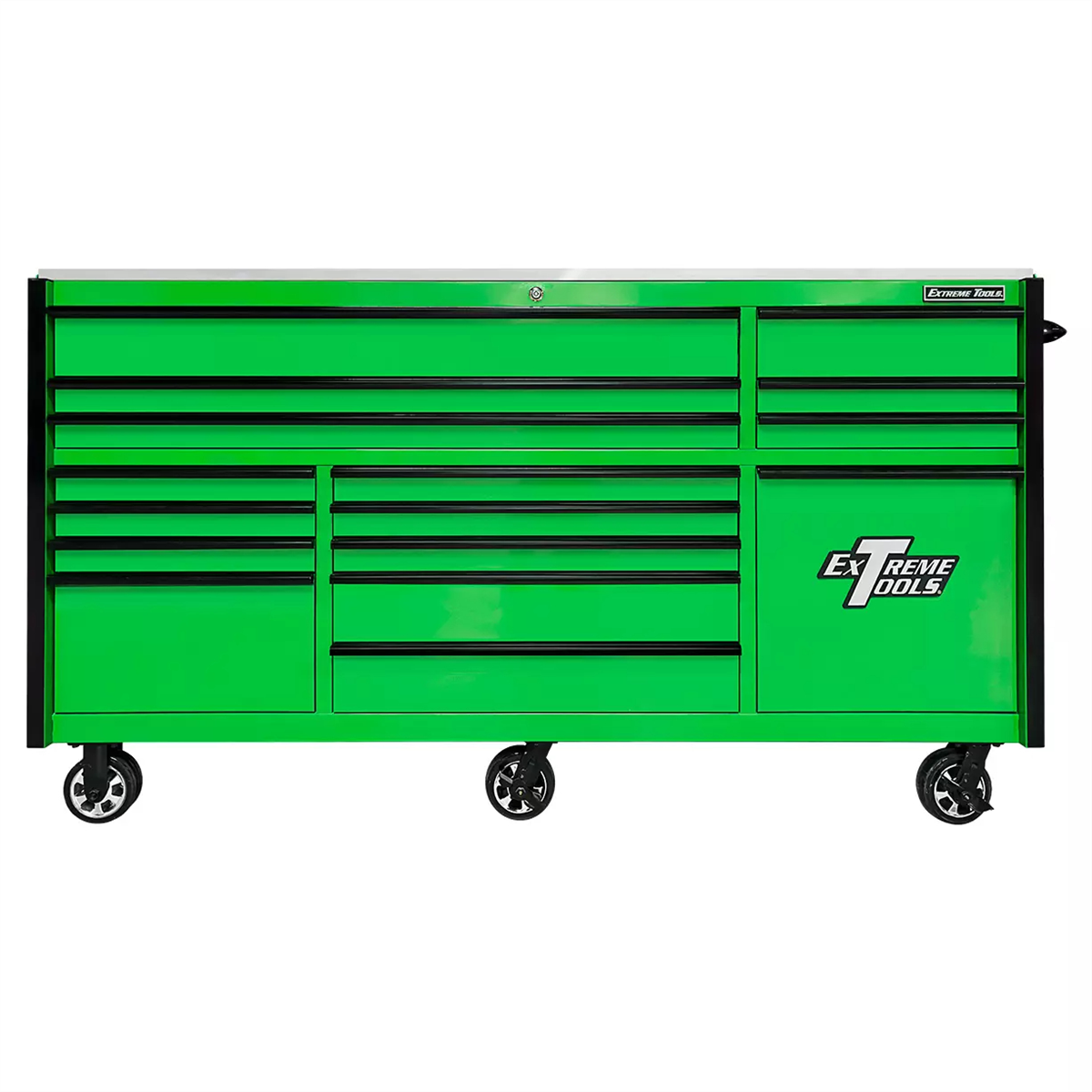 extreme-tools-25th-anniversary-edition-RX-series-84inch-W-x-30ich-D-triple-bank-roller-cabinet-with-power-tool-drawer-EXTRXQ843016RCGNBK.png Extreme Tools RX Series 84” Triple Bank Roller Cabinet – 25th Anniversary Tool Chest w/ Power Tool Drawer (Green/Black) EXTRXQ843016RCGNBK - Image 1