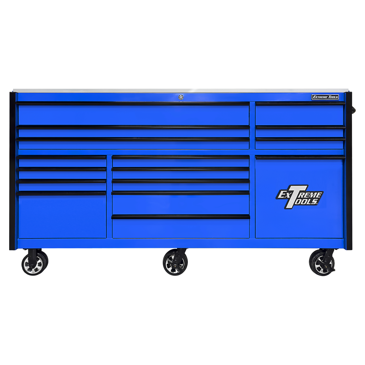 extreme-tools-25th-anniversary-edition-RX-series-84inch-W-x-30inch-D-triple-bank-roller-cabinet-with-power-tool-drawer-EXTRXQ843016RCBLBK.png Extreme Tools RX Series 84” Triple Bank Roller Cabinet – 25th Anniversary Tool Chest w/ Power Tool Drawer & Stainless Steel Top EXTRXQ843016RCBLBK - Image 1