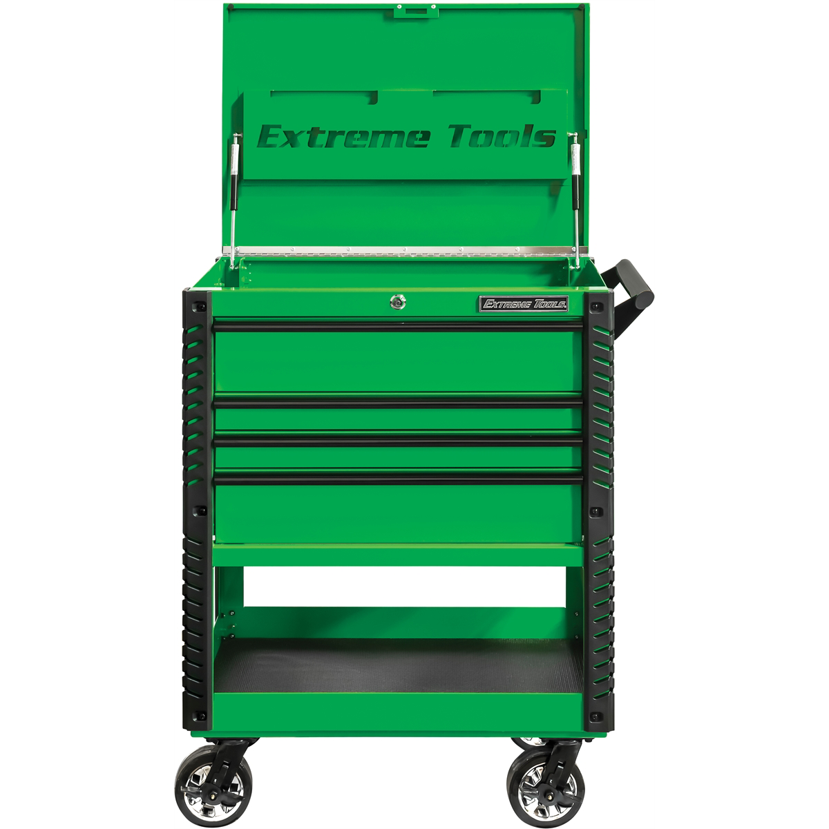 extreme-tools-3inch-4-drawer-deluxe-tool-cart-with-bumpers-green-with-B-EXTEX3304TCGNBK.png Extreme Tools 33" 4-Drawer Deluxe Tool Cart with Bumpers, Green with B EXTEX3304TCGNBK - Image 1