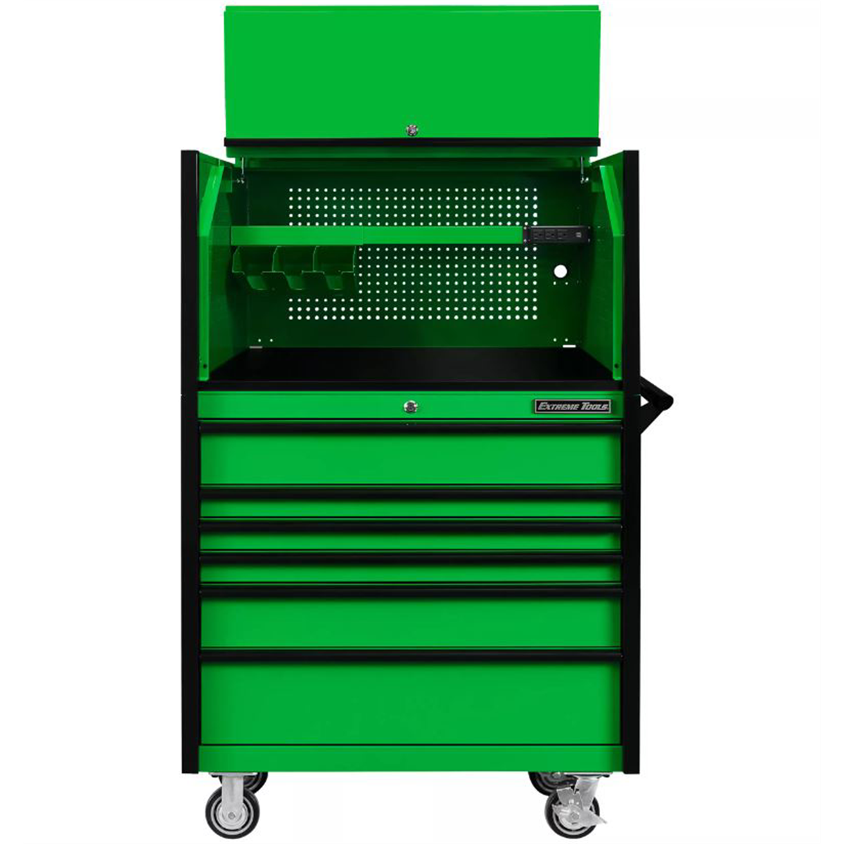 extreme-tools-DX-series-41inch-W-x-25in-D-extreme-power-workstation-hutch-and-6-drawer-25in-deep-roller-cabinet-green-with-red-drawer-pulls-100-200lb-slides-EXTDX4107HRGK.png Extreme Tools DX Series 41" Power Workstation Hutch & Roller Cabinet Combo – 6 Drawer Heavy Duty (Green with Black Drawer Pulls) - Image 1