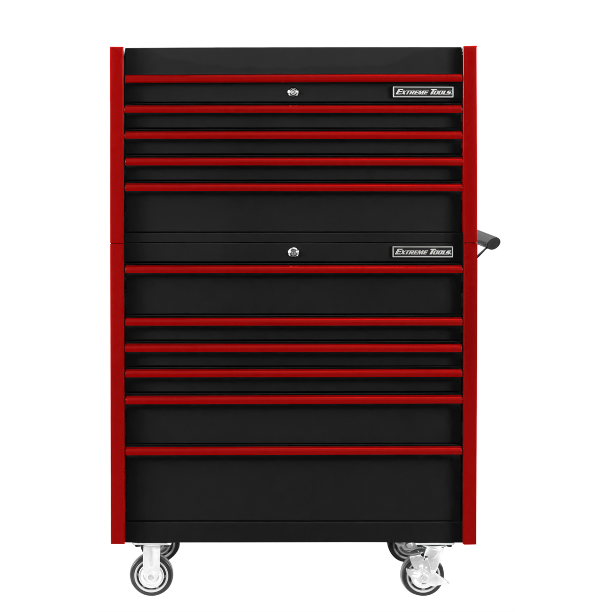 extreme-tools-DX-series-41inch-W-x-25inch-D-4-drawer-top-chest-_-6-drawer-roller-cabinet-combo-black-red-drawer-pulls-EXTDX4110CRKR.png Extreme Tools DX Series 41” W x 25'' D Tool Chest Combo – 4 Drawer Top Chest & 6 Drawer Roller Cabinet, 100–200 lb Slides, Black with Red Pulls (EXTDX4110CRKR) - Image 1