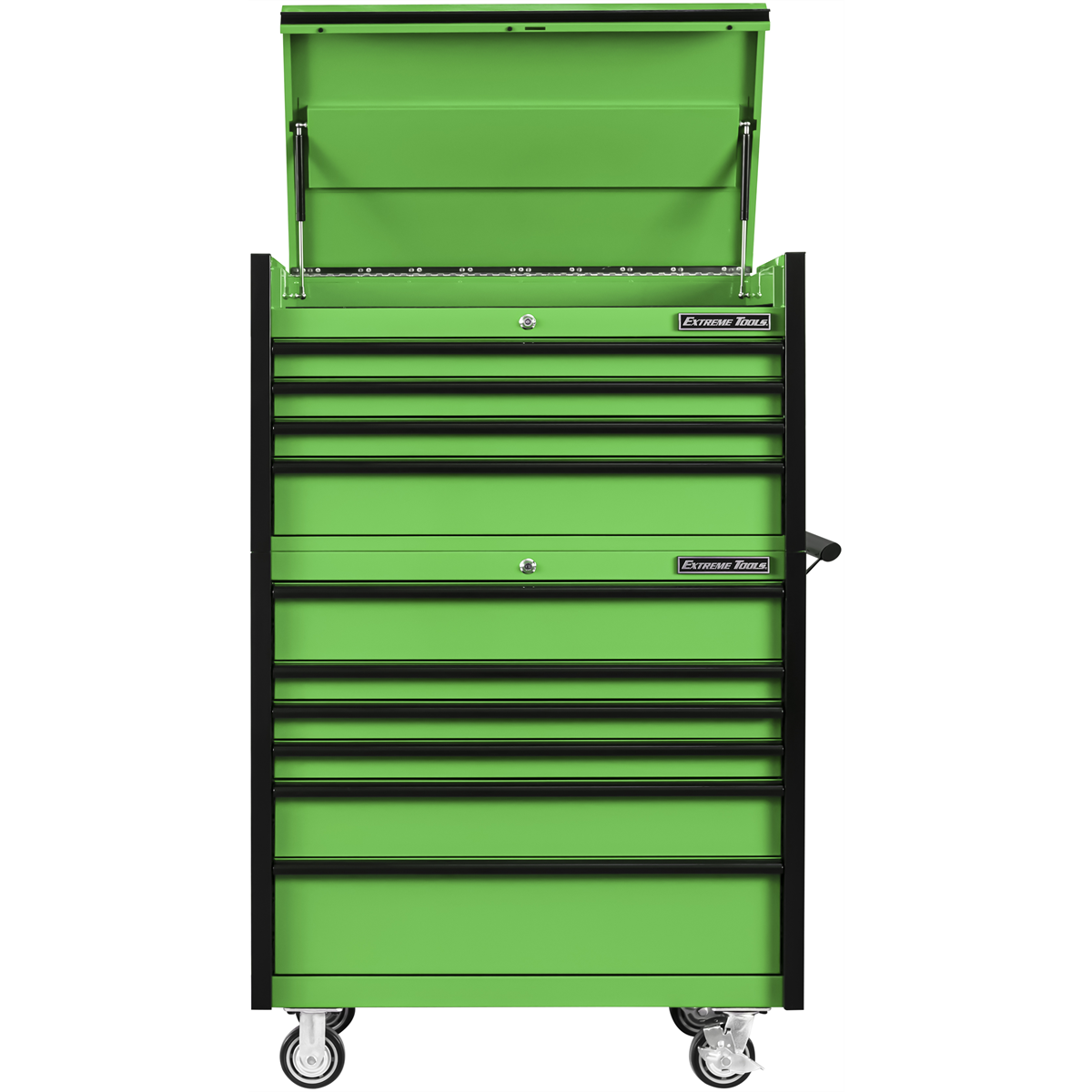 extreme-tools-DX-series-41inch-W-x-25inch-D-4-drawer-top-chest-_-6-drawer-roller-cabinet-combo-green-black-drawer-pulls-EXTDX4110CRGK.png Extreme Tools DX Series 41” Tool Chest Combo – 4 Drawer Top Chest & 6 Drawer Roller Cabinet Green with Black Pulls (EXTDX4110CRGK) - Image 1