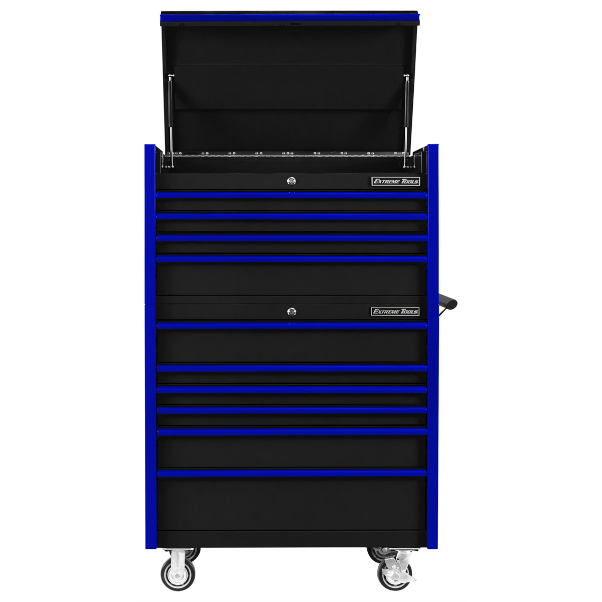 extreme-tools-DX-series-41inch-W-x25inch-D-4-drawer-top-chest-_6-drawer-roller-cabinet-combo-black-blue-drawer-pulls-EXTDX4110CRKU.png Extreme Tools DX Series 41" W x 25'' D Tool Chest & Roller Cabinet Combo – Heavy Duty Storage (Black with Blue Pulls) - Image 1