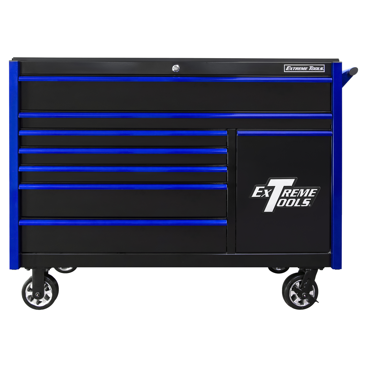 extreme-tools-DX-series-55in-W-x-25in-D-8-drawer-roller-cabinet-with-power-tool-drawer-100lb-slides-black-with-blue-drawer-pulls-EXTDX552508RCBKBL.png Extreme Tools DX Series 55” W x 25'' D 8-Drawer Roller Cabinet with Power Tool Drawer, Heavy-Duty Steel Tool Chest Black/Blue (DX552508RC) - Image 1