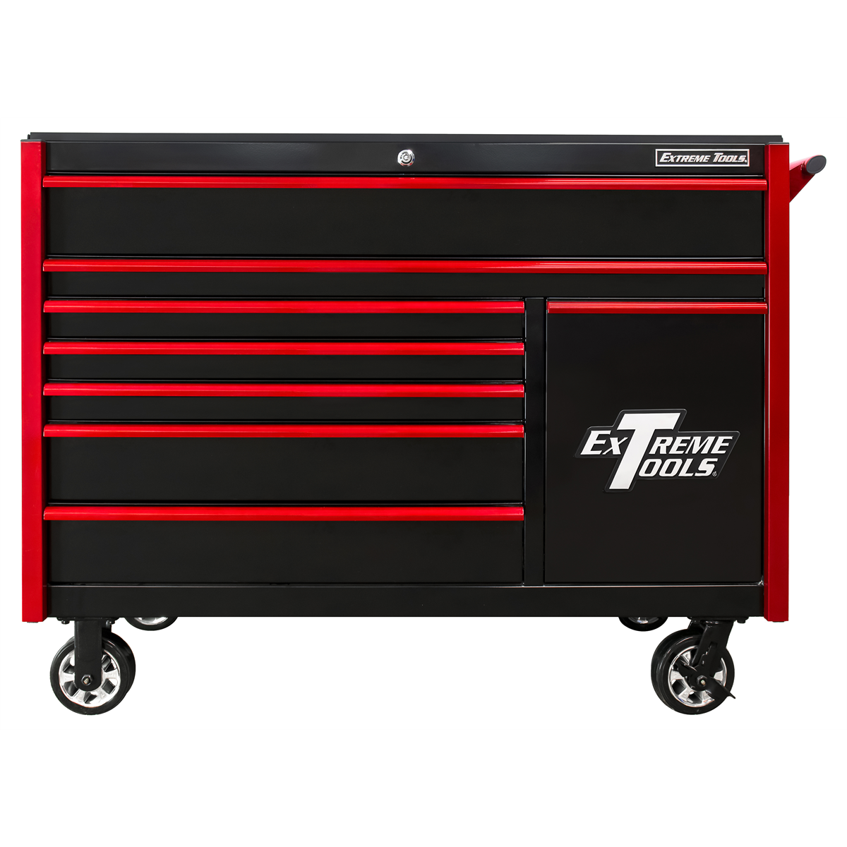 extreme-tools-DX-series-55in-W-x-25in-D-8-drawer-roller-cabinet-with-power-tool-drawer-100lb-slides-black-with-red-drawer-pulls-EXTDX552508RCBKRD.png Extreme Tools DX Series 55” W x 25'' D 8-Drawer Roller Cabinet with Power Tool Drawer & Charging Station – Heavy-Duty Tool Chest Black/Red (DX552508RC) - Image 1