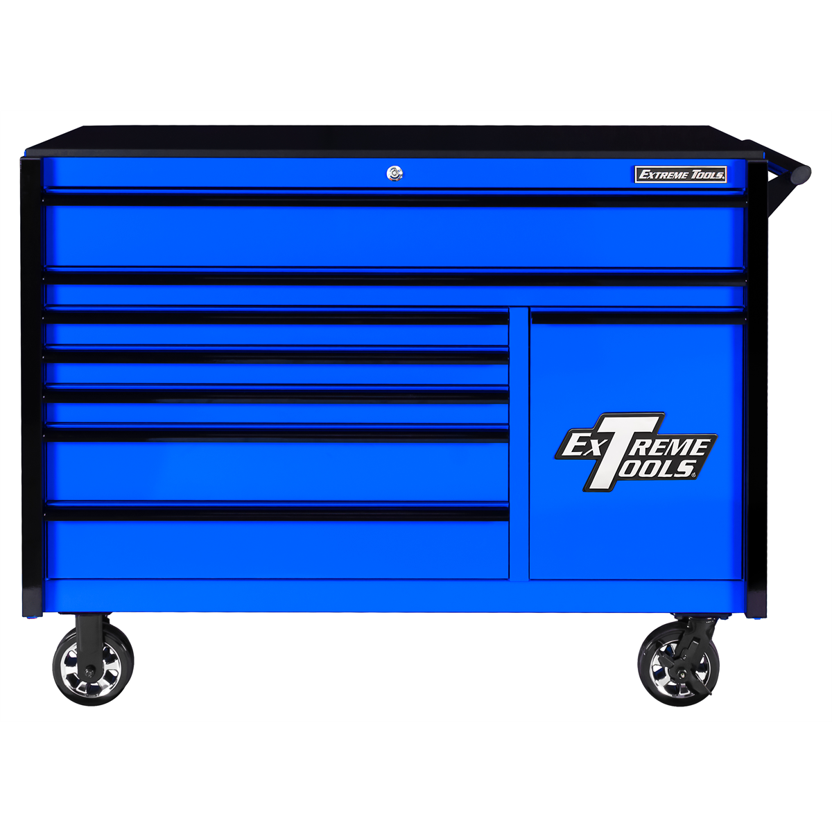 extreme-tools-DX-series-55in-W-x-25in-D-8-drawer-roller-cabinet-with-power-tool-drawer-100lb-slides-blue-with-black-drawer-pulls-EXTDX552508RCBLBK.png Extreme Tools DX Series 55” W x 25'' D 8-Drawer Roller Cabinet with Power Tool Drawer, Heavy-Duty Steel Tool Chest Blue/Black (DX552508RCBLBK) - Image 1