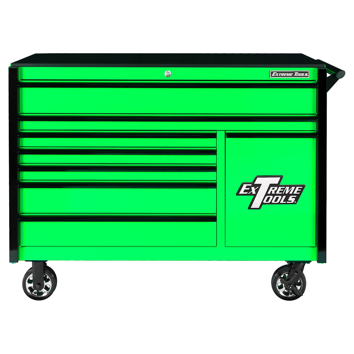 extreme-tools-DX-series-55in-W-x-25in-D-8-drawer-roller-cabinet-with-power-tool-drawer-100lb-slides-green-wit-black-drawer-pulls-EXTDX552508RCGNBK.png Extreme Tools DX Series 55” W x 25'' D 8-Drawer Roller Cabinet with Power Tool Drawer & Charging Station – Heavy-Duty Tool Chest Green/Black (DX552508RC) - Image 1