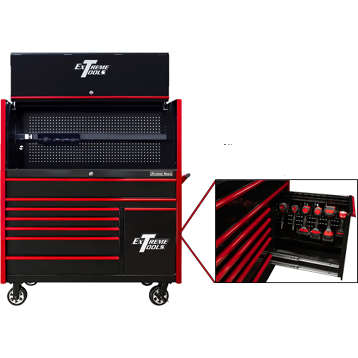extreme-tools-DX-series-55in-W-x-25in-D-extreme-powe-workstation-hutch-and-8-drawer-roller-cabinet-w-power-tool-drawer-black-w-red-drawer-pulls-EXTDX5509HRKR_b54812ce-146e-45d9-b2ab-0.png Extreme Tools DX Series 55” W x 25'' D Power Workstation Hutch & 8-Drawer Roller Cabinet Combo with Power Tool Drawer – Black with Red Handles (EXTDX5509HRKR) - Image 1