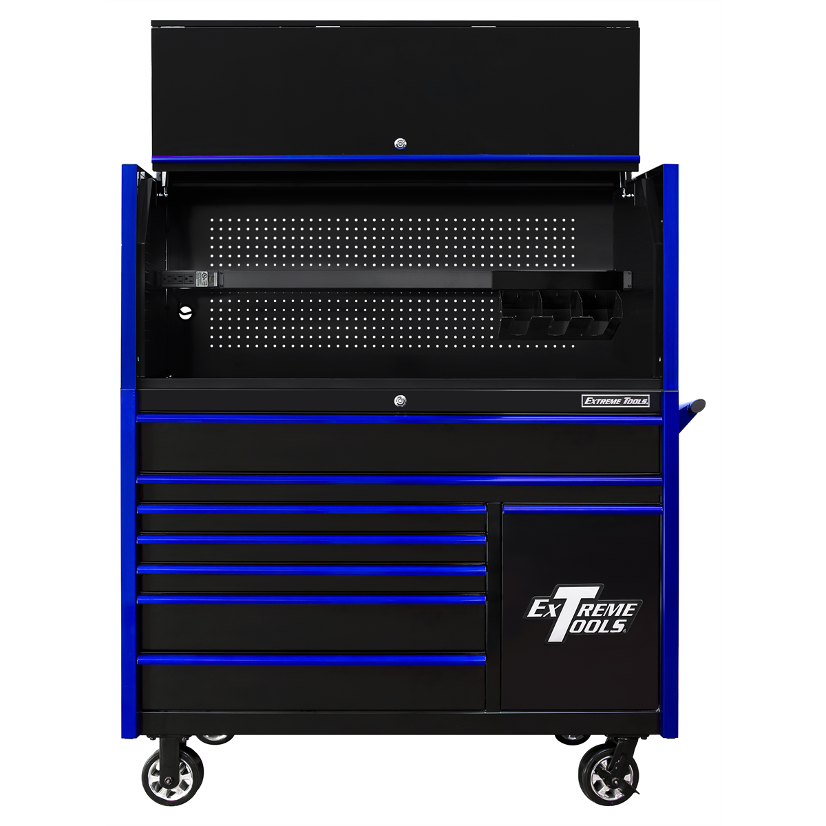 extreme-tools-DX-series-55in-W-x-25in-D-extreme-power-workstation-hutch-and-8-drawer-roller-cabinet-w-power-tool-drawer-black-w-blue-drawer-pulls-EXTDX5509HRKU.png Extreme Tools DX Series 55” W x 25'' D Power Workstation Hutch & 8-Drawer Roller Cabinet Combo with Power Tool Drawer – Black with Blue Handles (EXTDX5509HRKU) - Image 1