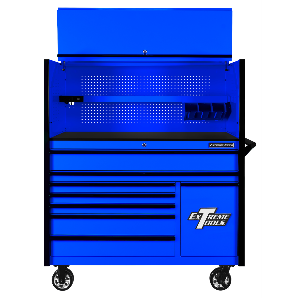 extreme-tools-DX-series-55in-W-x-25in-D-extreme-power-workstation-hutch-and-8-drawer-roller-cabinet-w-power-tool-drawer-bluew-black-drawer-pulls-EXTDX5509HRUK.png Extreme Tools DX Series 55” W x 25''D Power Workstation Hutch & 8-Drawer Roller Cabinet Combo with Power Tool Drawer – Blue with Black Handles (EXTDX5509HRUK) - Image 1