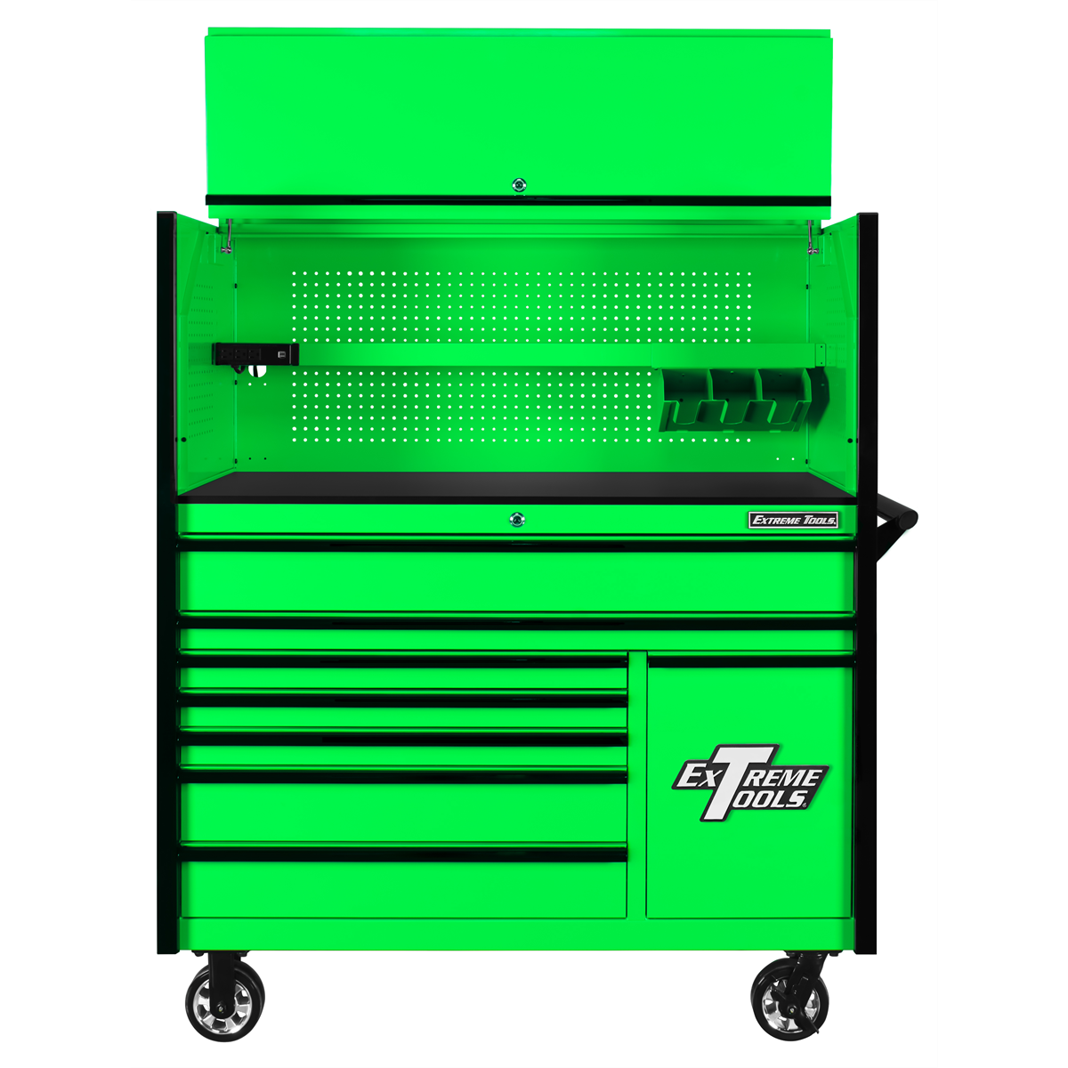extreme-tools-DX-series-55in-W-x-25in-D-extreme-power-workstation-hutch-and-8-drawer-roller-cabinet-w-power-tool-drawer-green-black-drawer-pulls-EXTDX5509HRGK.png Extreme Tools DX Series 55” W x 25'' D Power Workstation Hutch & 8-Drawer Roller Cabinet Combo with Power Tool Drawer – Green with Black Handles (EXTDX5509HRGK) - Image 1