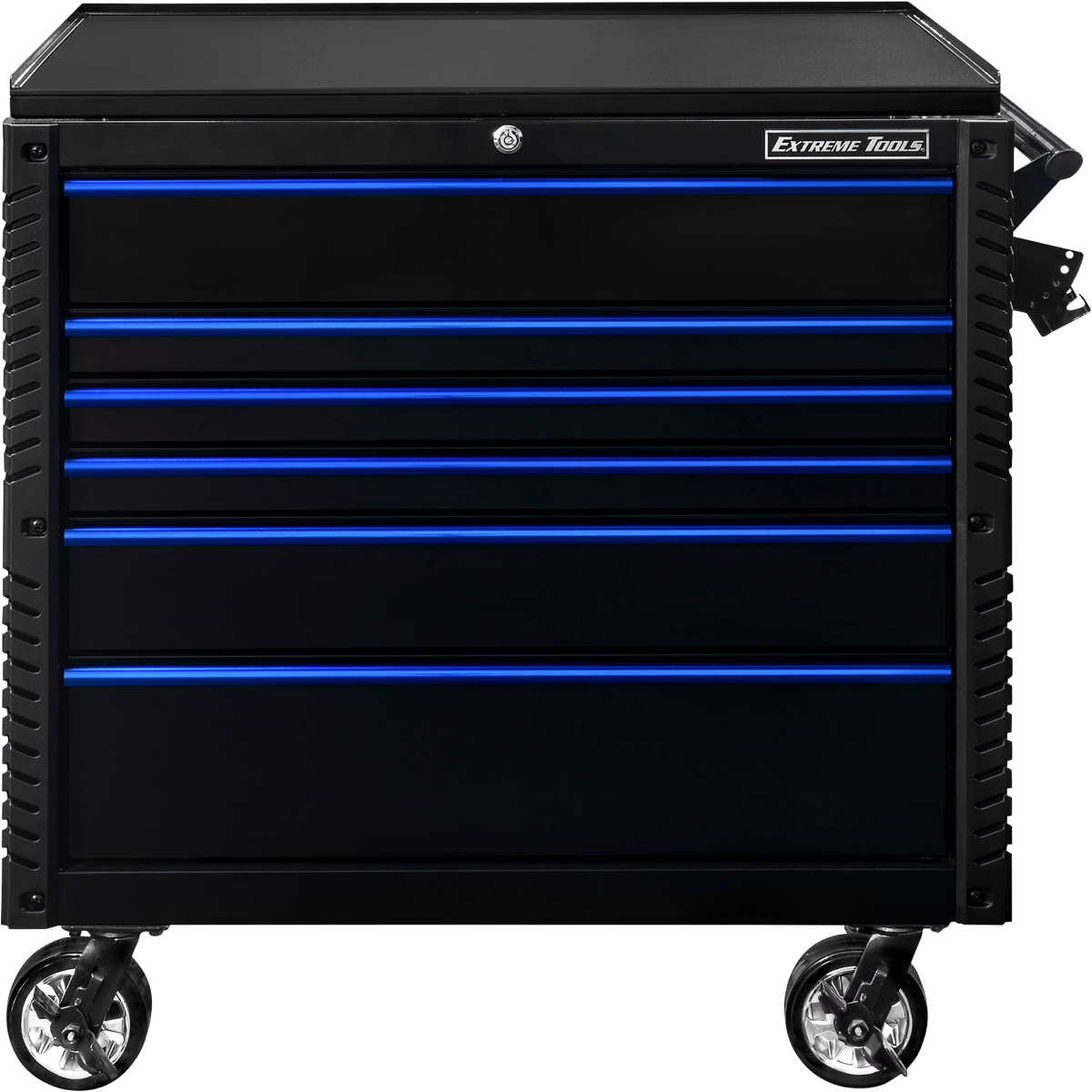extreme-tools-EX-professional-series-41inch-6-drawer-open-top-tool-cart-with-PVC-coated-work-surface-black-with-blue-drawer-pulls-EXTEX4106TCBKBL.png Extreme Tools EX Professional Series 41" 6 Drawer Open Top Tool Cart – PVC Work Surface (Black with Blue Drawer Pulls) - Image 1