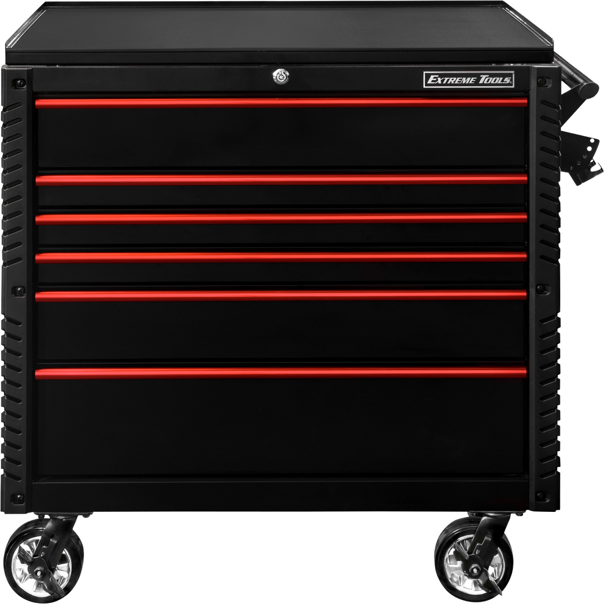 extreme-tools-EX-professional-series-41inch-6-drawer-open-top-tool-cart-with-PVC-coated-work-surface-black-with-red-drawer-pulls-EXTEX4106TCBKRD.png Extreme Tools EX Professional Series 41" 6 Drawer Open Top Tool Cart – PVC Work Surface (Black with Red Drawer Pulls) - Image 1